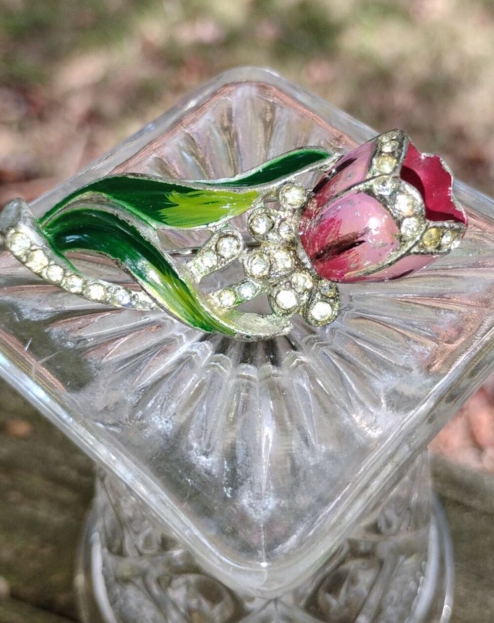 Antique Art Deco Enamel Rose Rhinestone Dress Fur Clip 1920s 1930s